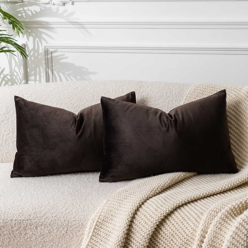 JUSPURBET Velvet Pillow Covers Set of 2 Decorative Throw Pillow Covers for Couch Sofa Bed Soft Lumbar Cushion Covers Cases with Hidden Zipper for Living Room Home Decor,Coffee,12x20 inch - Image 1